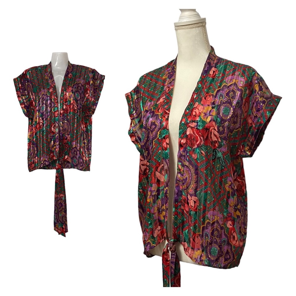 Vintage Victoria's Secret Gold Label 1990s Floral Satin Kimono Blouse Top Purple